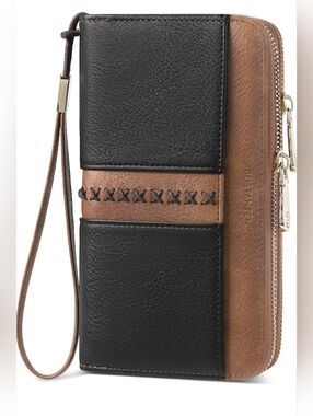 Bostanten Two-Tone Black/ Brown Wristlet Clutch with Wrist Strap RFID Protection